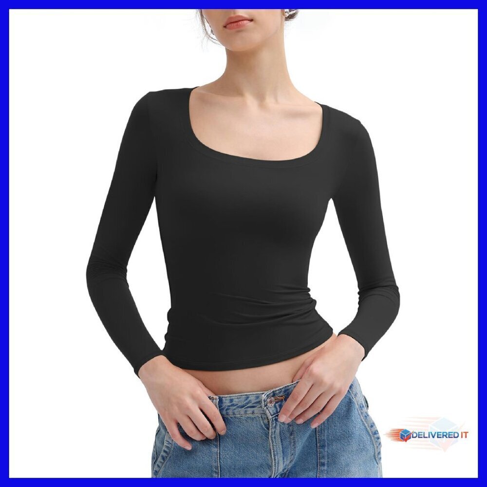 Long Sleeve Scoop Neck Slim Fit Double Lined Basic Tee Women's Top